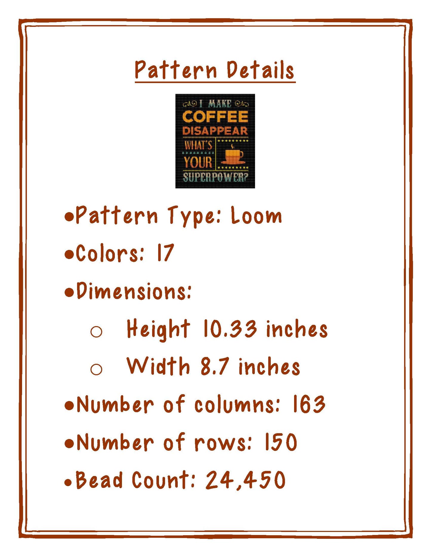 Bead Loom Pattern, Coffee Superpower, Miyuki Delica, Instant Download, beaded tapestry