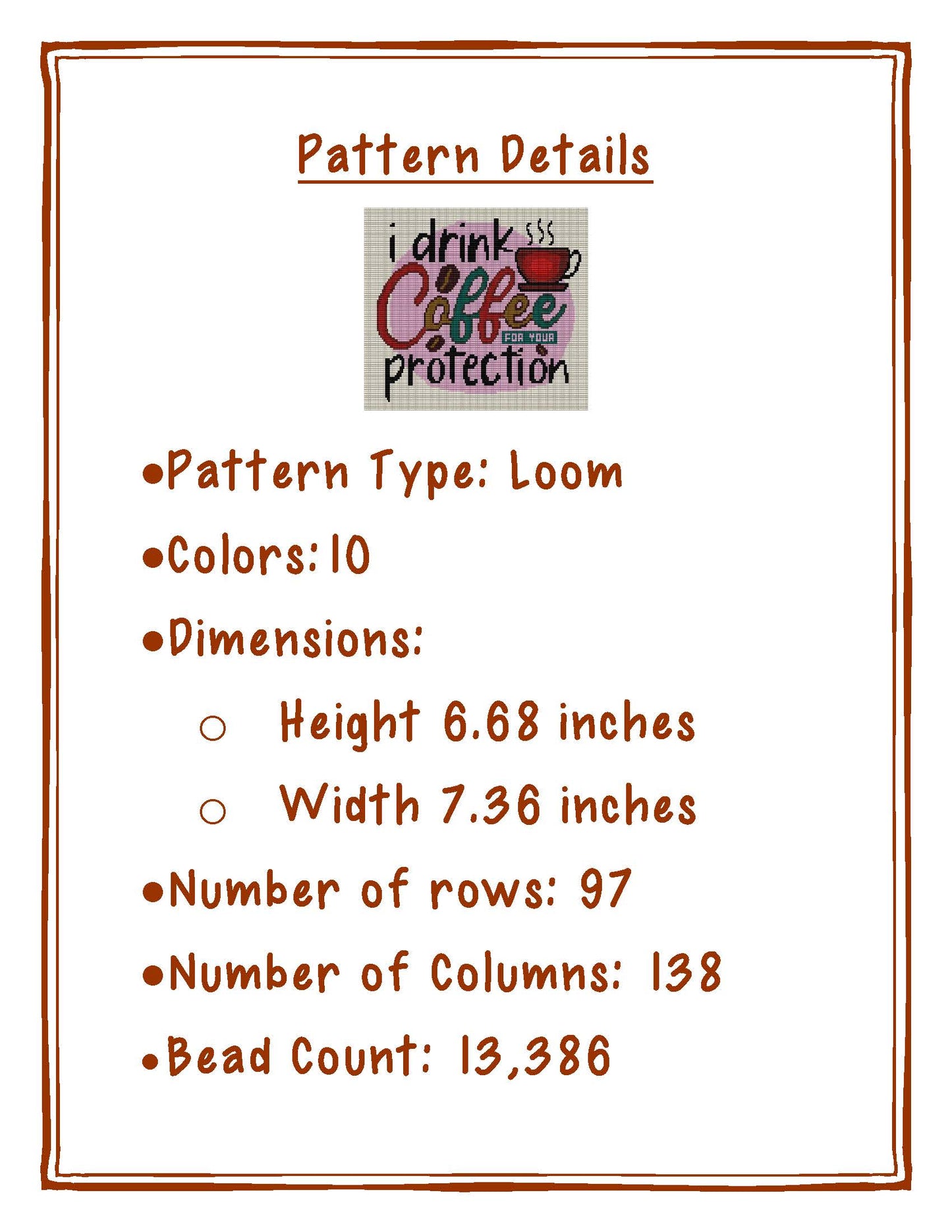Bead Loom Pattern, Coffee, Miyuki Delica, Instant Download, beaded tapestry