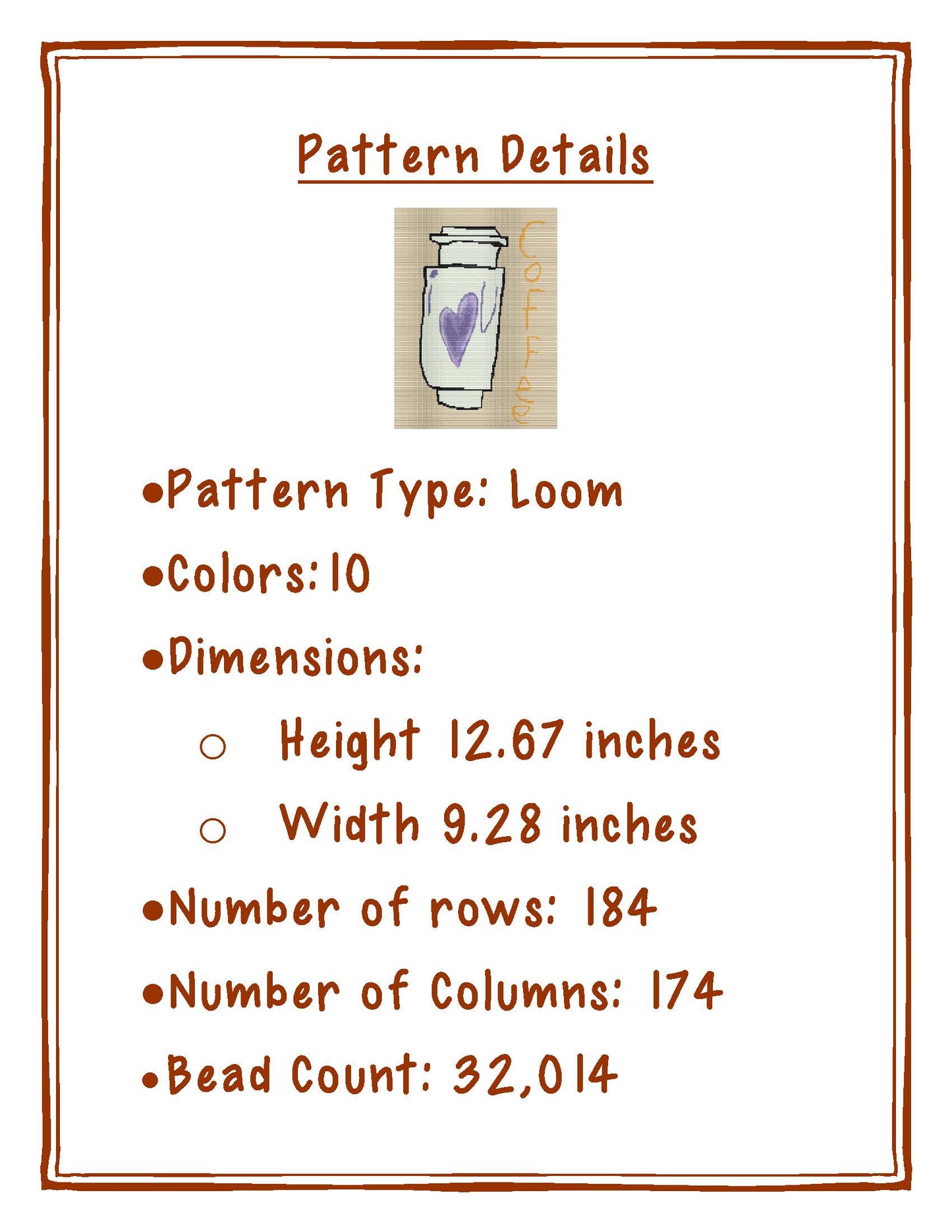 Bead Loom Pattern, Eva's Coffee Art, Miyuki Delica, Instant Download, beaded tapestry
